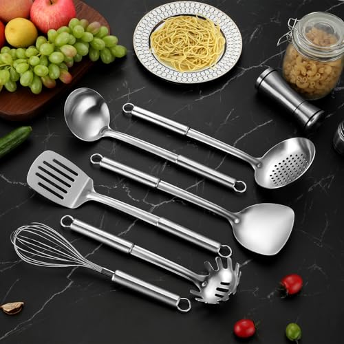 Gymdin 6-Piece Kitchen Cooking Utensils Set, Stainless Steel Kitchen Utensils with Suspendable Handle, Spatula, Slotted Turner, Soup Ladle, Slotted Spoon, Whisk, Pasta Server, Dishwasher Safe - My Kitchen Products