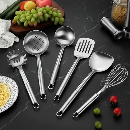 Gymdin 6-Piece Kitchen Cooking Utensils Set, Stainless Steel Kitchen Utensils with Suspendable Handle, Spatula, Slotted Turner, Soup Ladle, Slotted Spoon, Whisk, Pasta Server, Dishwasher Safe - My Kitchen Products