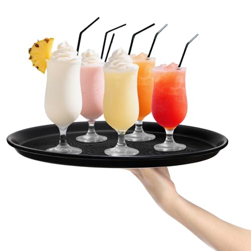 Hacaroa 4 Pack Round Restaurant Serving Tray, 14 Inch Black Plastic Server Tray Non-Slip Food Serving Platter for Drinks, Bar, Cafeteria, Hotel, Coffee Table, Raised Edges - My Kitchen Products