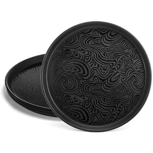 Hacaroa 4 Pack Round Restaurant Serving Tray, 14 Inch Black Plastic Server Tray Non-Slip Food Serving Platter for Drinks