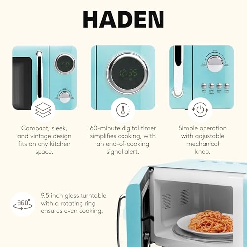 Haden 700 Watt 0.7 Cubic Foot Microwave Oven with Digital Controls, Defrost, and Instant Start Countertop Small Appliance, Turquoise/Chrome - My Kitchen Products