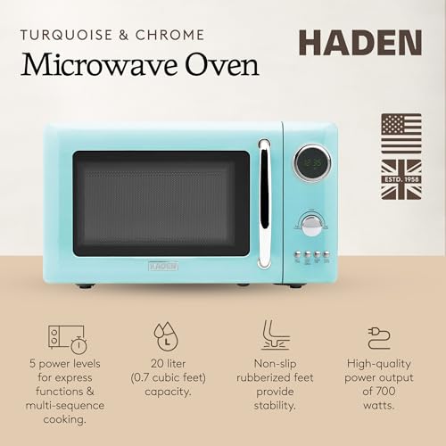 Haden 700 Watt 0.7 Cubic Foot Microwave Oven with Digital Controls, Defrost, and Instant Start Countertop Small Appliance, Turquoise/Chrome - My Kitchen Products