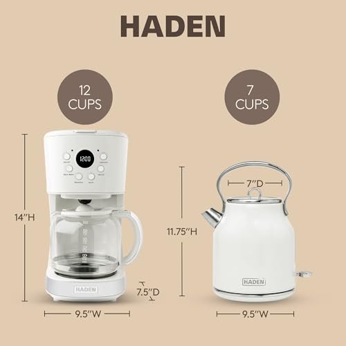 HADEN Coffee Machine, 12 Cup Drip Coffee Maker Bundled with Heritage 1.7 Liter Stainless Steel Electric Kettle, Ivory & Chrome - My Kitchen Products