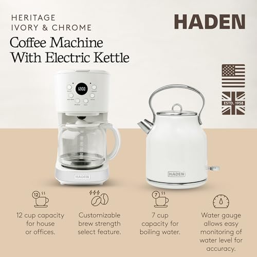 HADEN Coffee Machine, 12 Cup Drip Coffee Maker Bundled with Heritage 1.7 Liter Stainless Steel Electric Kettle, Ivory & Chrome - My Kitchen Products