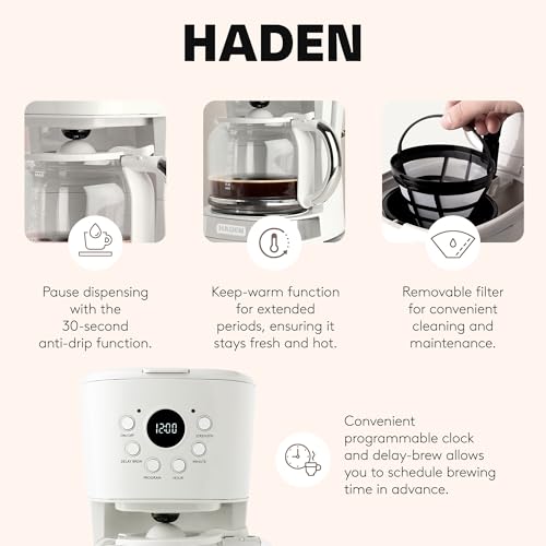 HADEN Coffee Machine, 12 Cup Drip Coffee Maker Bundled with Heritage 1.7 Liter Stainless Steel Electric Kettle, Ivory & Chrome - My Kitchen Products