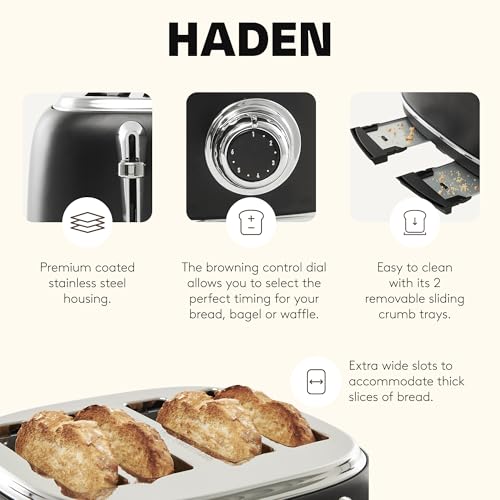 Haden Heritage 4 Slice Wide Slot Stainless Steel Toaster with Adjustable Browning Control & Non-Slip Feet, Black & Chrome - My Kitchen Products
