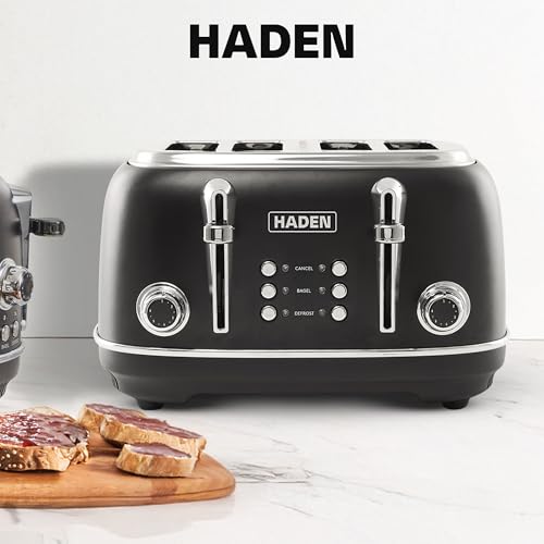 Haden Heritage 4 Slice Wide Slot Stainless Steel Toaster with Adjustable Browning Control & Non-Slip Feet, Black & Chrome - My Kitchen Products