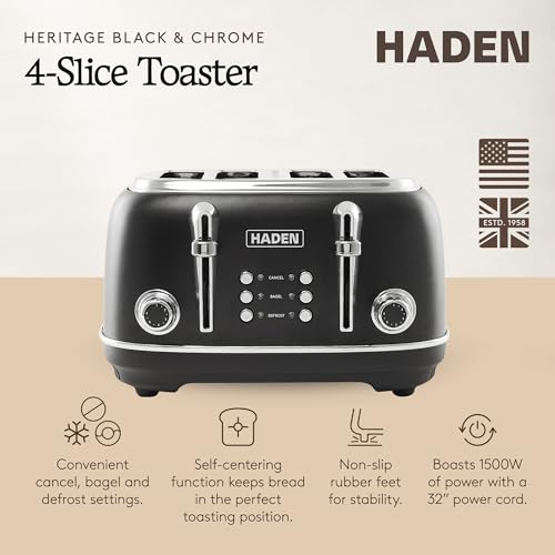 Haden Heritage 4 Slice Wide Slot Stainless Steel Toaster with Adjustable Browning Control & Non-Slip Feet, Black & Chrome - My Kitchen Products