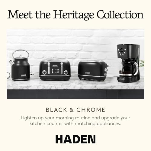 Haden Heritage 4 Slice Wide Slot Stainless Steel Toaster with Adjustable Browning Control & Non-Slip Feet, Black & Chrome - My Kitchen Products