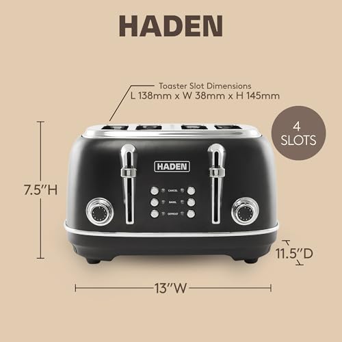 Haden Heritage 4 Slice Wide Slot Stainless Steel Toaster with Adjustable Browning Control & Non-Slip Feet, Black & Chrome - My Kitchen Products