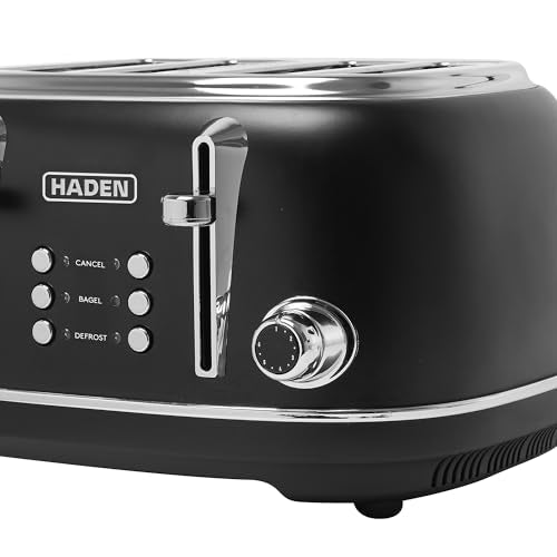 Haden Heritage 4 Slice Wide Slot Stainless Steel Toaster with Adjustable Browning Control & Non-Slip Feet, Black & Chrome - My Kitchen Products