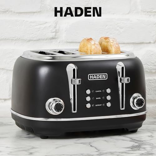 Haden Heritage 4 Slice Wide Slot Stainless Steel Toaster with Adjustable Browning Control & Non-Slip Feet, Black & Chrome - My Kitchen Products