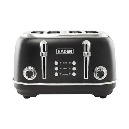 Haden Heritage 4 Slice Wide Slot Stainless Steel Toaster with Adjustable Browning Control & Non-Slip Feet, Black & Chrome - My Kitchen Products