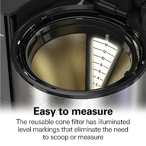 Hamilton Beach 14 Cup Programmable Coffee Maker with Easy Measure Light Up Reusable Filter, Removable 70 Oz. Water Reservoir, Black and Stainless Steel - My Kitchen Products