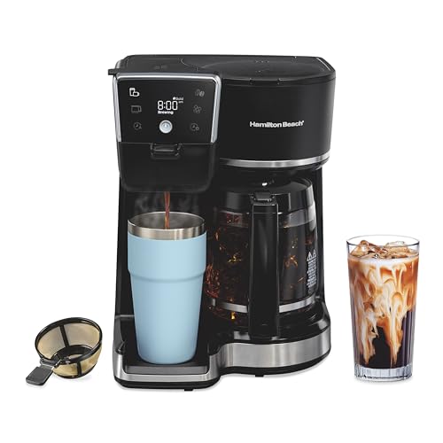 Hamilton Beach 2-Way 12 Cup Programmable Drip Hot and Iced Coffee Maker & Single Serve Coffee Machine, AquaFlow Showerhead, Glass Carafe, Auto Pause and Pour, Black (47500J) - My Kitchen Products