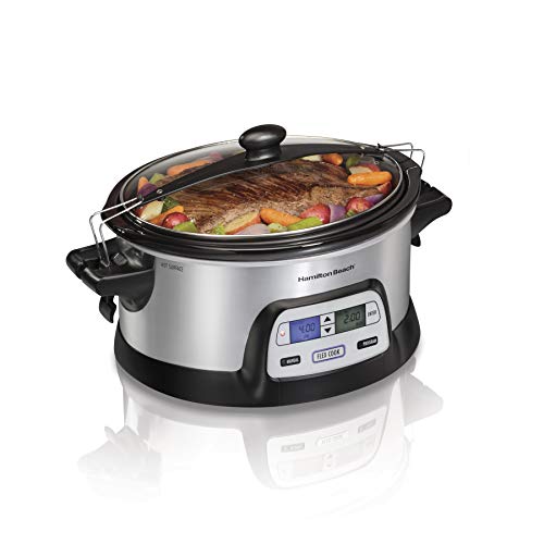 Hamilton Beach 33861 Portable Programmable Slow Cooker, Dishwasher Safe Crock, 6 Qt, FlexCook Dual Digital Timer/2 Heat Settings, Lid Lock for Easy Travel, Silver - My Kitchen Products