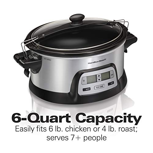 Hamilton Beach 33861 Portable Programmable Slow Cooker, Dishwasher Safe Crock, 6 Qt, FlexCook Dual Digital Timer/2 Heat Settings, Lid Lock for Easy Travel, Silver - My Kitchen Products