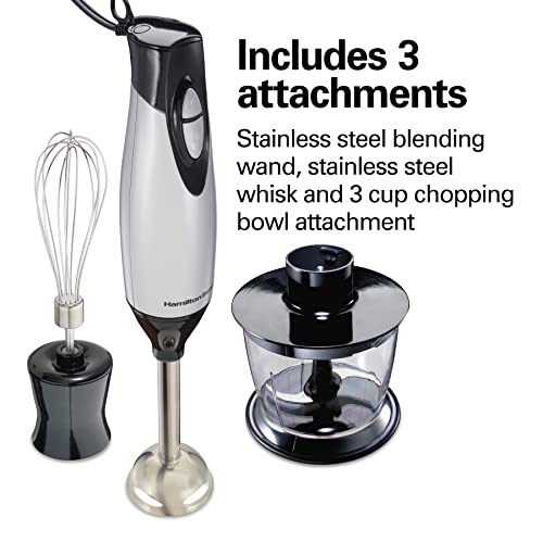 Hamilton Beach 4-in-1 Electric Immersion Hand Blender with Handheld Blending Stick, Whisk + 3-Cup Food & Vegetable Chopper Bowl, 2-Speeds, 225 Watts, Silver and Stainless Steel (59765) - My Kitchen Products