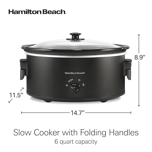 Hamilton Beach 6 Quart Slow Cooker with Space-Saving Folding Handles, 3 Heat Settings, Dishwasher Safe Stoneware Crock and Glass Lid, Black (33664) - My Kitchen Products
