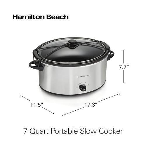 Hamilton Beach 7-Quart Portable Slow Cooker Serves 8+, Dishwasher Safe Crock, Lid Latch Strap for Travel, Brushed Silver - My Kitchen Products