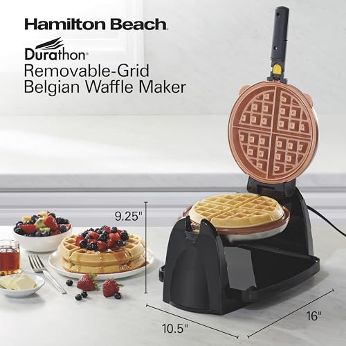Hamilton Beach Belgian Waffle Maker with Removable PFAS-Free Durathon Nonstick Coated Plates, Easy Flip, Ceramic Grids, Black (26031) - My Kitchen Products