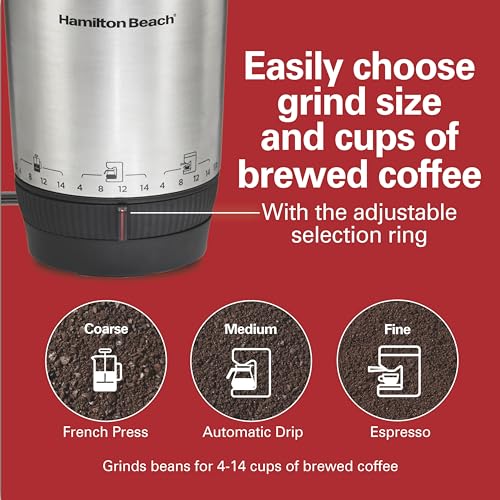 Hamilton Beach Custom Grind Electric Coffee Grinder for 4-14 Cups, One-Press Hand-Free Operation with Auto Shutoff, Removable Grinding Bowl For Easy Pour and Clean, Stainless Steel (80406) - My Kitchen Products