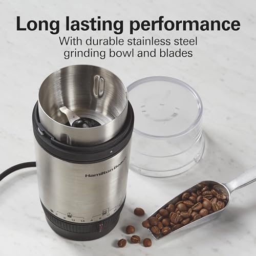 Hamilton Beach Custom Grind Electric Coffee Grinder for 4-14 Cups, One-Press Hand-Free Operation with Auto Shutoff, Removable Grinding Bowl For Easy Pour and Clean, Stainless Steel (80406) - My Kitchen Products