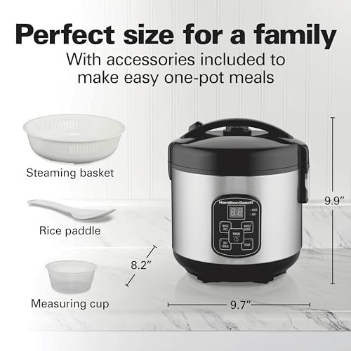 Hamilton Beach Digital Programmable Rice Cooker & Food Steamer, 8 Cups Cooked (4 Uncooked), With Steam & Rinse Basket, Stainless Steel (37518) - My Kitchen Products