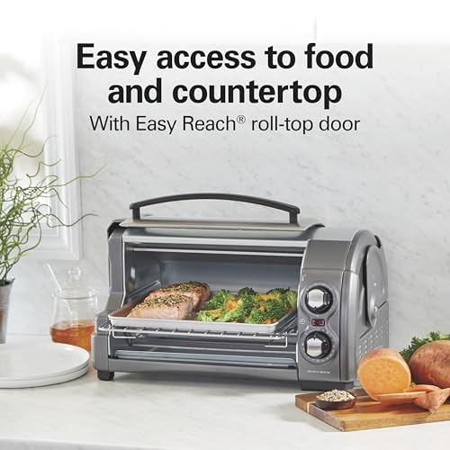 Hamilton Beach Easy Reach 4-Slice Countertop Toaster Oven With Roll-Top Door, 1200 Watts, Fits 9” Pizza, 3 Cooking Functions for Bake, Broil and Toast, Silver (31344DA) - My Kitchen Products