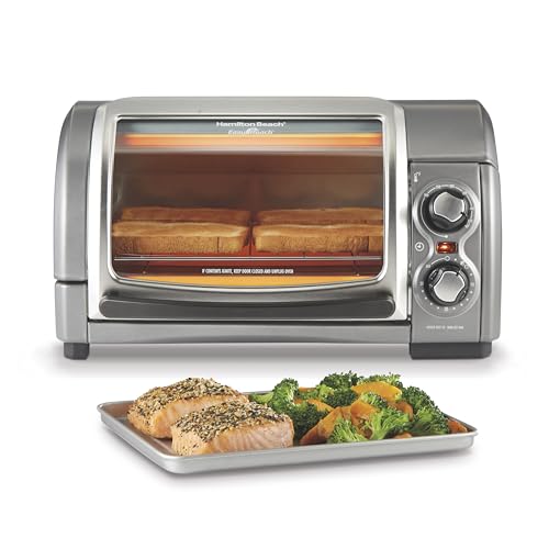 Hamilton Beach Easy Reach 4-Slice Countertop Toaster Oven With Roll-Top Door, 1200 Watts, Fits 9” Pizza, 3 Cooking Functions for Bake, Broil and Toast, Silver (31344DA) - My Kitchen Products