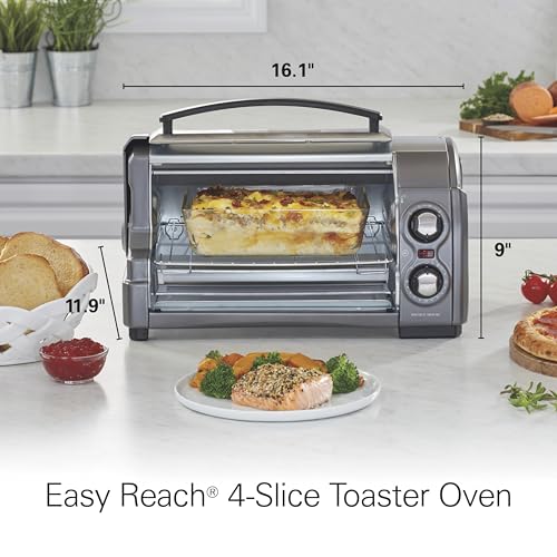 Hamilton Beach Easy Reach 4-Slice Countertop Toaster Oven With Roll-Top Door, 1200 Watts, Fits 9” Pizza, 3 Cooking Functions for Bake, Broil and Toast, Silver (31344DA) - My Kitchen Products