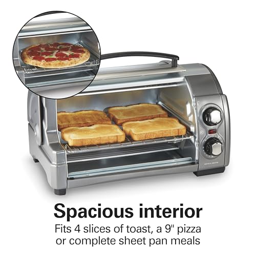 Hamilton Beach Easy Reach 4-Slice Countertop Toaster Oven With Roll-Top Door, 1200 Watts, Fits 9” Pizza, 3 Cooking Functions for Bake, Broil and Toast, Silver (31344DA) - My Kitchen Products
