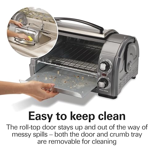 Hamilton Beach Easy Reach 4-Slice Countertop Toaster Oven With Roll-Top Door, 1200 Watts, Fits 9” Pizza, 3 Cooking Functions for Bake, Broil and Toast, Silver (31344DA) - My Kitchen Products