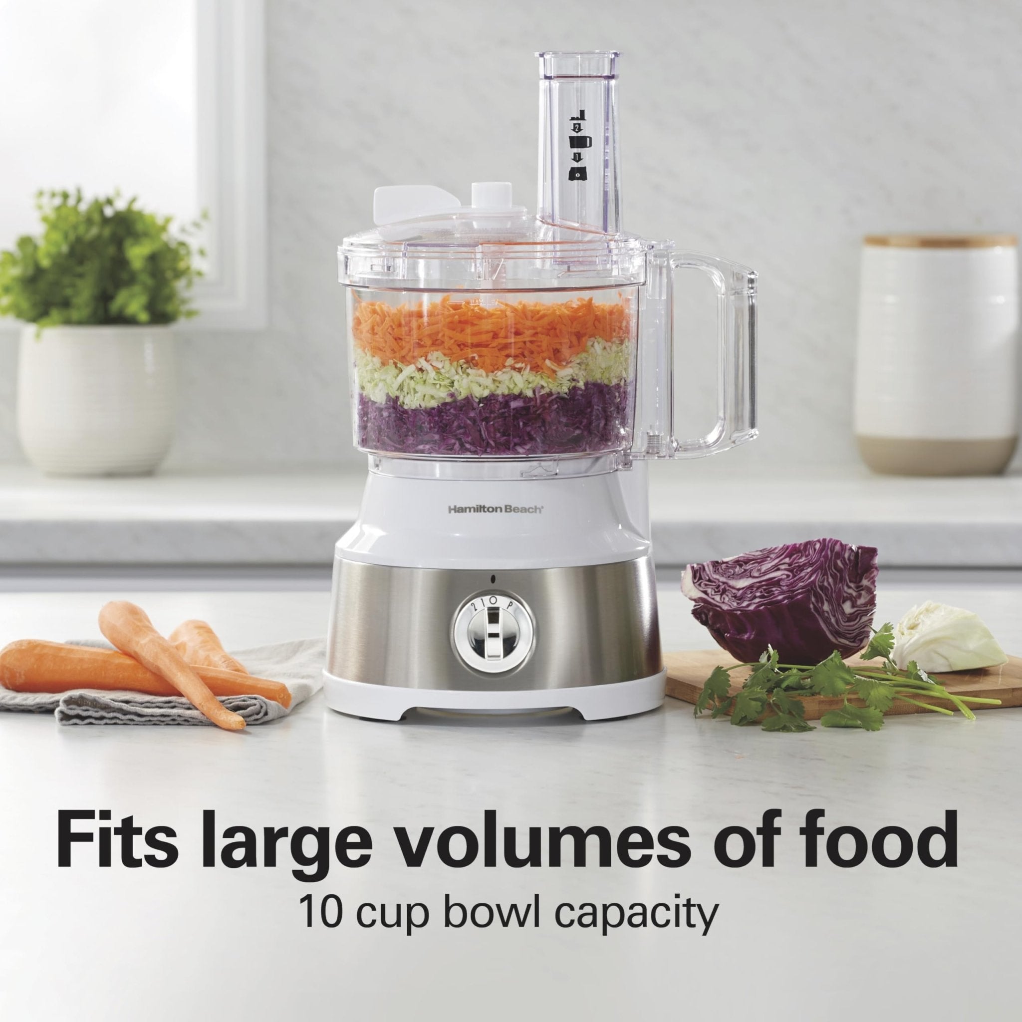 Hamilton Beach Food Processor & Vegetable Chopper for Slicing, Shredding, Mincing, and Puree, 10 Cups + Easy Clean Bowl Scraper, White and Stainless Steel (70733) - My Kitchen Products