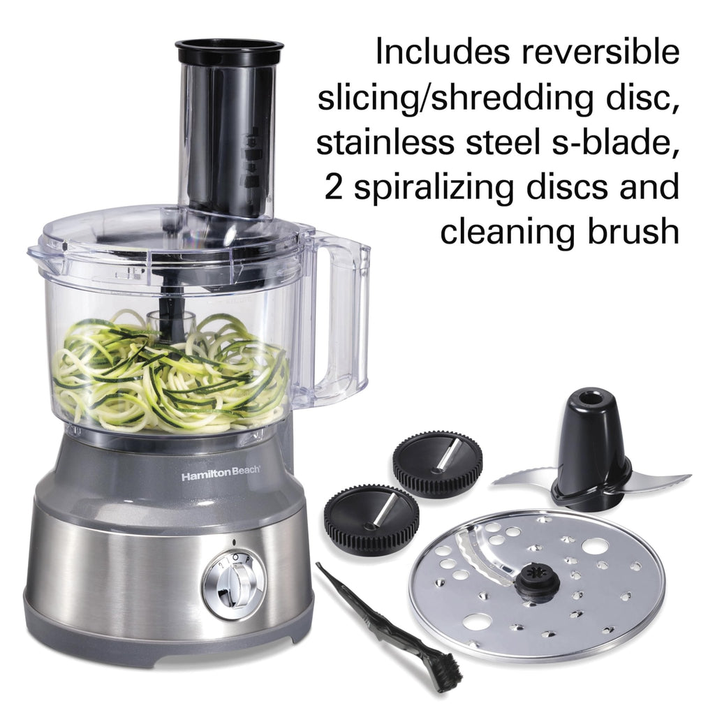 Hamilton Beach Food Processor & Vegetable Chopper for Slicing, Shredding, Mincing, and Puree, 10 Cups + Veggie Spiralizer makes Zoodles and Ribbons, Grey and Stainless Steel (70735) - My Kitchen Products