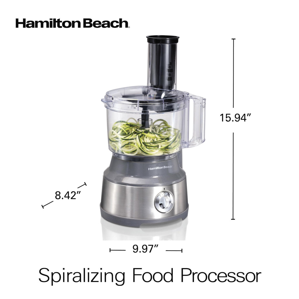 Hamilton Beach Food Processor & Vegetable Chopper for Slicing, Shredding, Mincing, and Puree, 10 Cups + Veggie Spiralizer makes Zoodles and Ribbons, Grey and Stainless Steel (70735) - My Kitchen Products