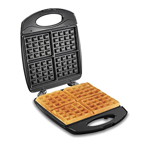 Hamilton Beach Non-Stick Belgian Waffle Maker with Indicator Lights, Makes 4 4" x 5" Mini Waffles, Hashbrowns or Keto Chaffles at Once, Compact Design for Easy Storage, Black & Stainless Steel (26020) - My Kitchen Products