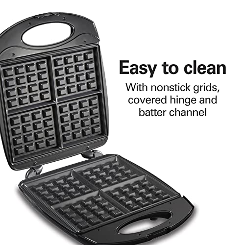 Hamilton Beach Non-Stick Belgian Waffle Maker with Indicator Lights, Makes 4 4" x 5" Mini Waffles, Hashbrowns or Keto Chaffles at Once, Compact Design for Easy Storage, Black & Stainless Steel (26020) - My Kitchen Products