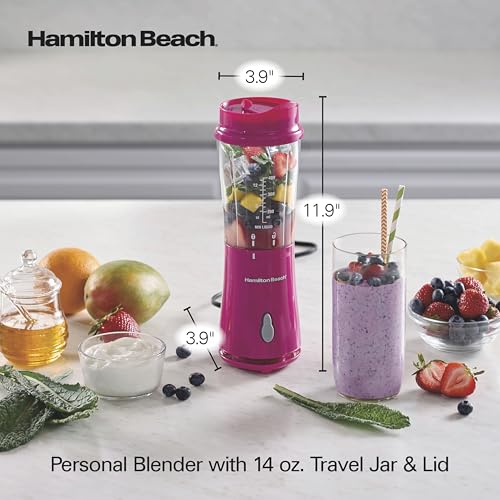 Hamilton Beach Portable Blender for Shakes and Smoothies, 14 Oz BPA Free Travel Cup & Lid, Durable Stainless Steel Blades, Personal Smoothie Blender, Raspberry, 51131G - My Kitchen Products