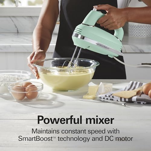 Hamilton Beach Vintage-Style 5-Speed Electric Hand Mixer, Powerful 1.3 Amp DC Motor for Effortless Mixing & Consistent Speed in Thick Ingredients, Slow Start, Beaters and Whisk, Green (62601N) - My Kitchen Products