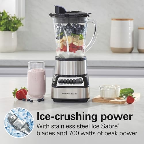 Hamilton Beach Wave Crusher Blender For Smoothies With 40 Oz Glass Jar and 14 Functions, Ice Sabre Blades & 700 Watts for Consistently Smooth Results, Black + Stainless Steel (54221) - My Kitchen Products