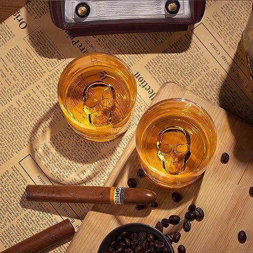 Hand Blown Crystal Skull Whiskey Glasses, Set of 2 Bourbon Glasses In Gift Box - 10 Oz Old Fashioned Glasses for Scotch, Cocktail, Rum - Perfect Gifts for Halloween, Christmas, Thanksgiving for Men - My Kitchen Products