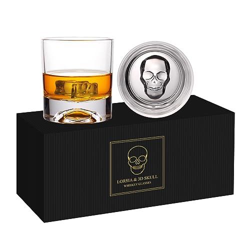 Hand Blown Crystal Skull Whiskey Glasses, Set of 2 Bourbon Glasses In Gift Box - 10 Oz Old Fashioned Glasses for Scotch