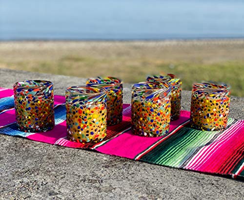 Hand Blown Mexican Drinking Glasses – Set of 6 Confetti Rock Tumbler Glasses (10 oz each) - My Kitchen Products