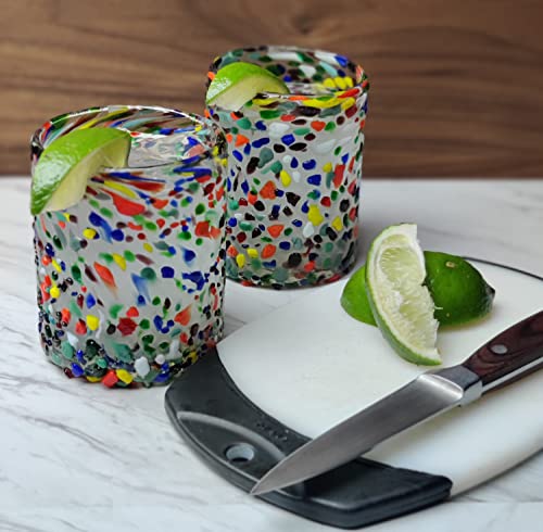 Hand Blown Mexican Drinking Glasses – Set of 6 Confetti Rock Tumbler Glasses (10 oz each) - My Kitchen Products