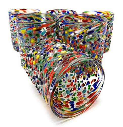 Hand Blown Mexican Drinking Glasses – Set of 6 Confetti Rock Tumbler Glasses (10 oz each) - My Kitchen Products