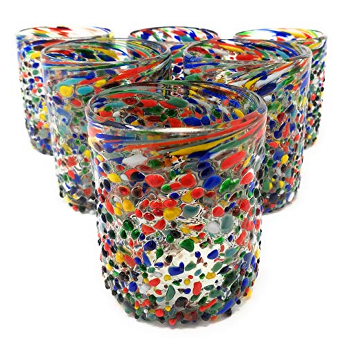 Hand Blown Mexican Drinking Glasses - Set of 6 Confetti Rock Tumbler Glasses (10 oz each)