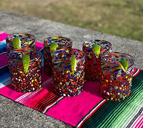 Hand Blown Mexican Drinking Glasses – Set of 6 Confetti Rock Tumbler Glasses (10 oz each) - My Kitchen Products