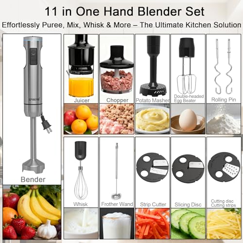 Handheld Immersion Blender Bundle, 1000W Powerful 12-in-1 Set for Smoothies,Orange Juicer,Minced meat,Milk frother,Egg Beater, Dough Hook, Vegetable Chopper, Potato Masher - My Kitchen Products