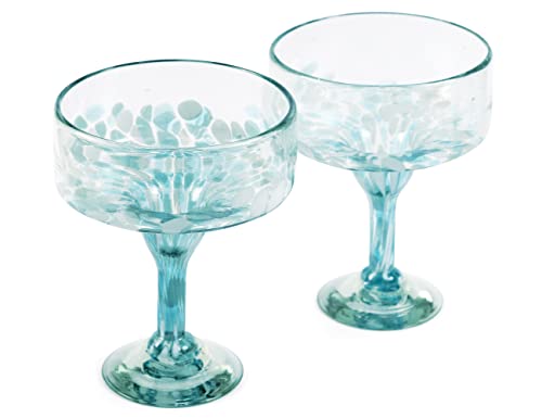 Handmade con Amor 16 oz Hand Blown Mexican Margarita Glasses Set of 2 - Ocean Blue Confetti